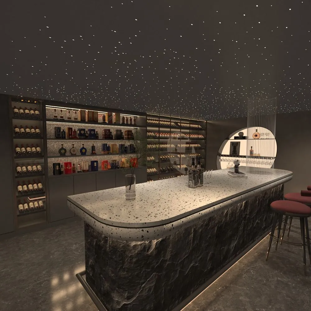 Modern L-Shape Foldable Steel Bar Table — in-situ view with wine wall