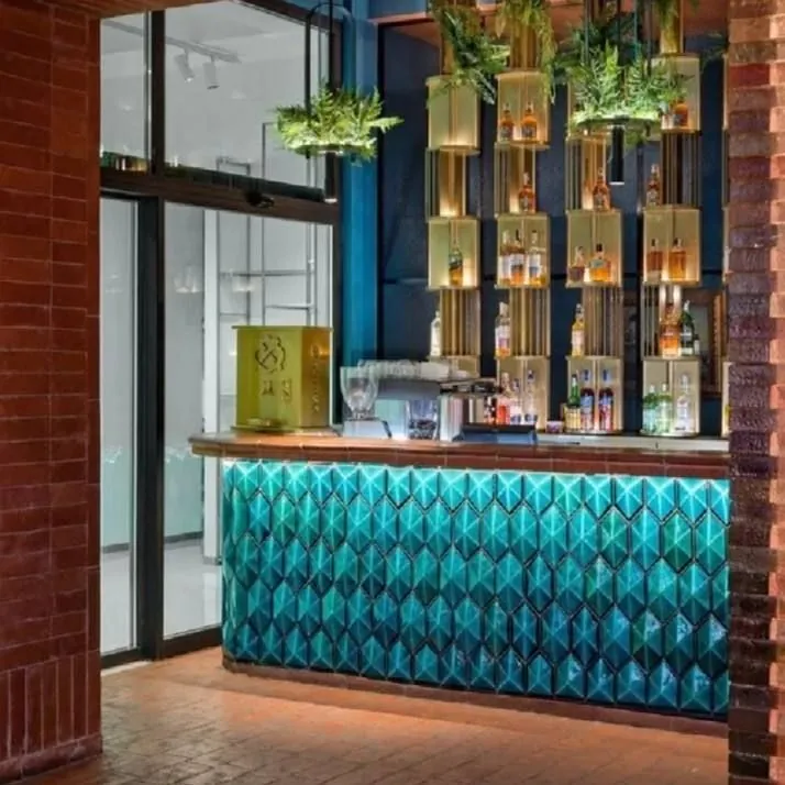 High-End L-Shape Cocktail Bar Table — room setting with bar counter