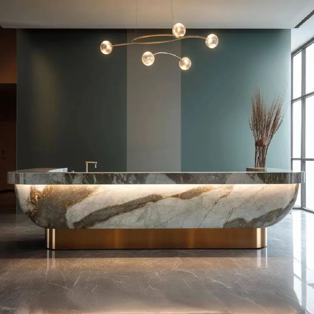 Multi-Functional Steel Bar Table for Home — in-situ view with marble surround