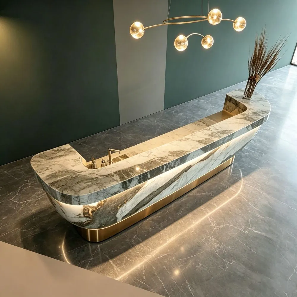 Multi-Functional Steel Bar Table for Home — installed view with marble surround