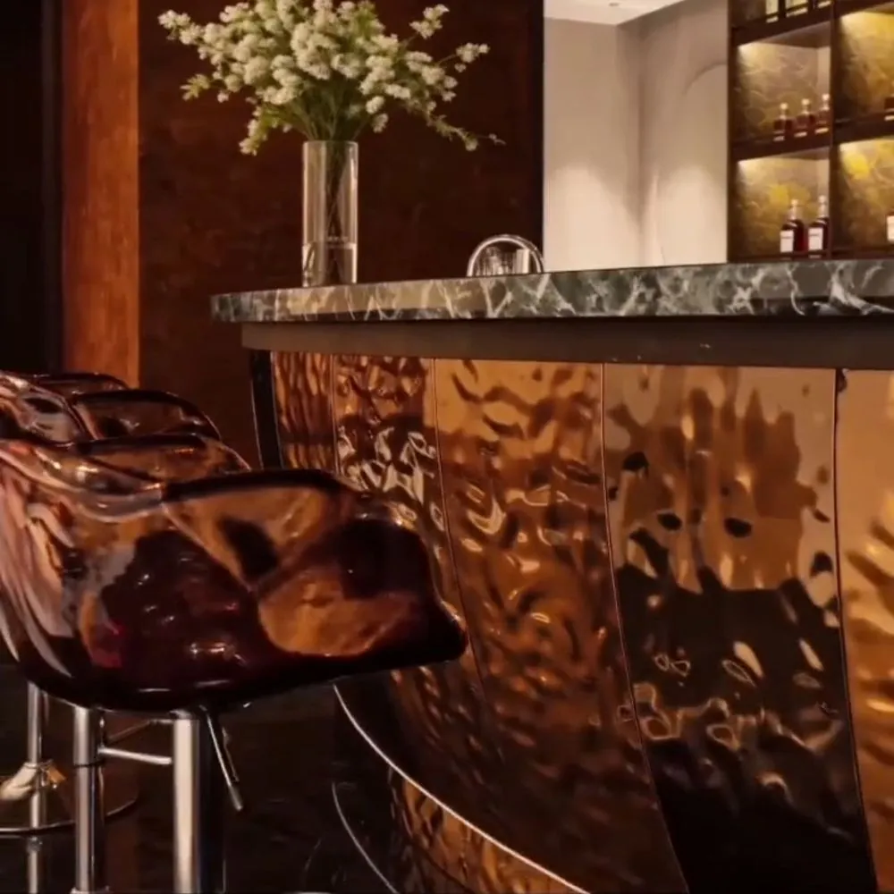 L-Shape Foldable Steel Bar Counter for Home — close-up detail of bar stools