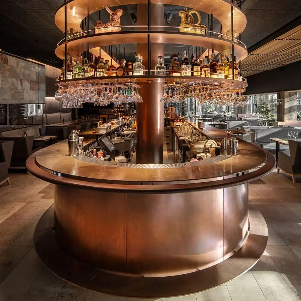 L-Shape Bar Table with Stone or Metal Top — room setting with bar counter