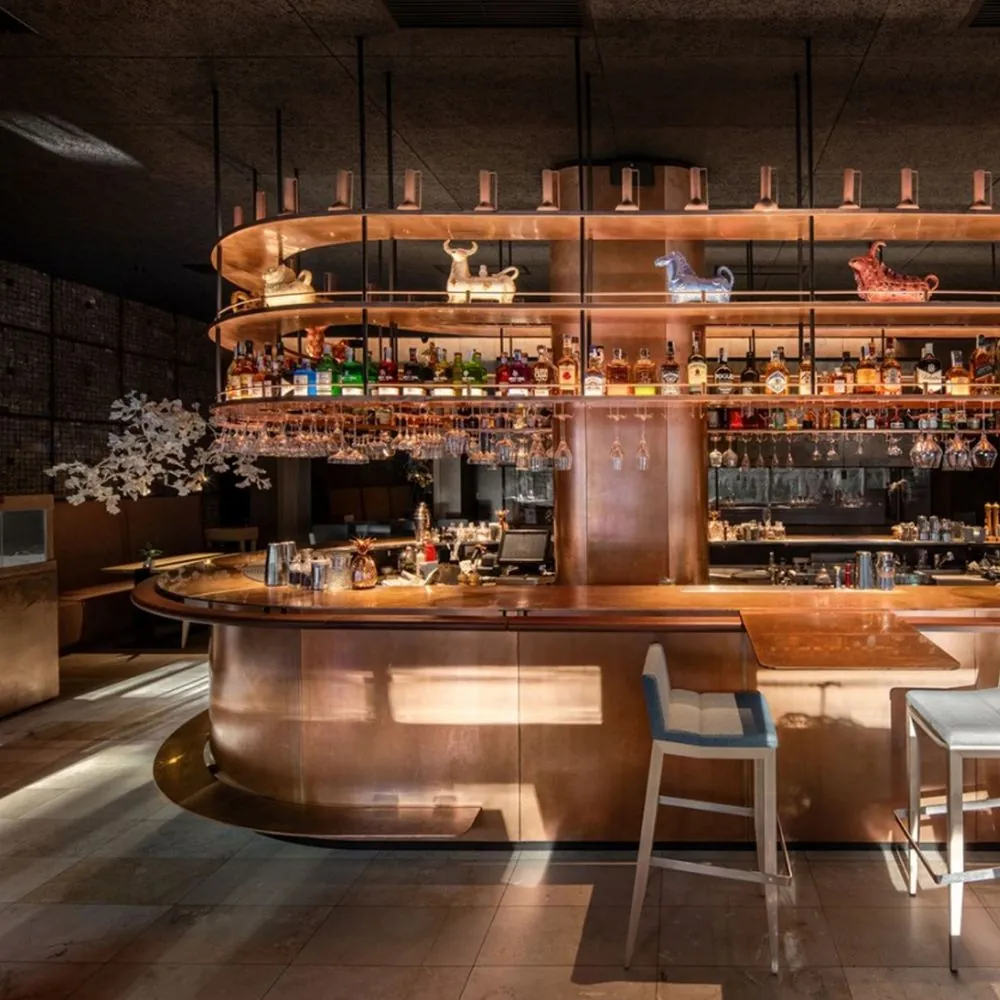 L-Shape Bar Table with Stone or Metal Top — in-situ view in dining area
