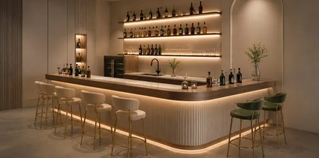 Commercial Stainless Steel Bar Counter — installed view with bar stools (view 4)