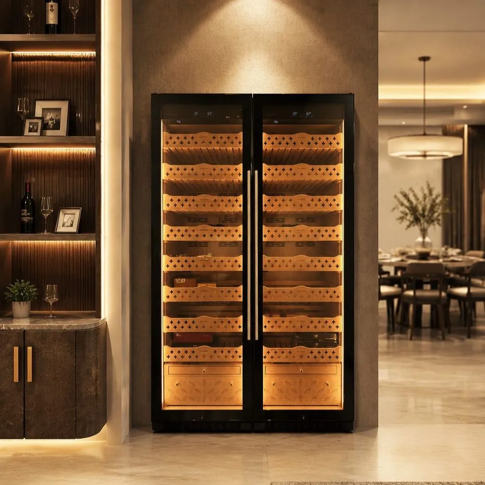 Dual-Zone Stainless Steel Cigar Cabinet — in-situ view in living room