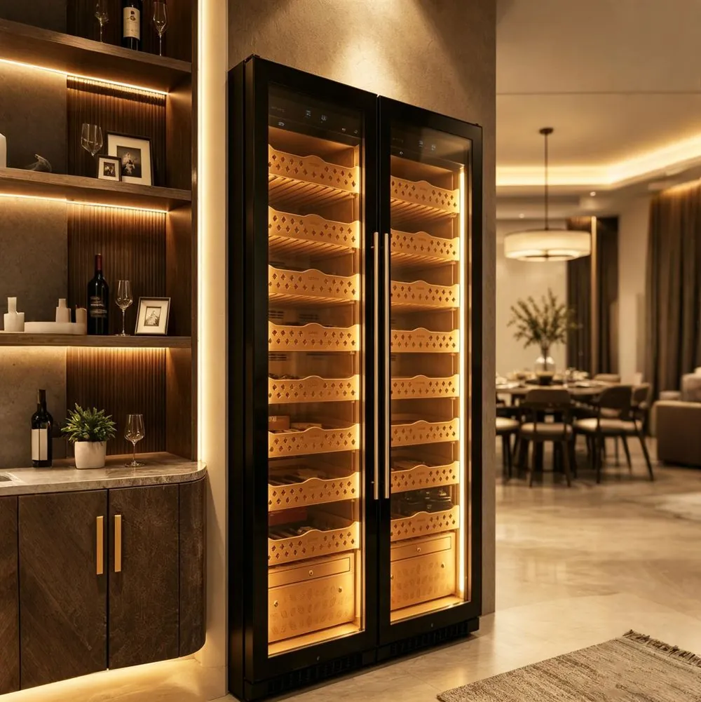 Dual-Zone Stainless Steel Cigar Cabinet — room setting in dining area