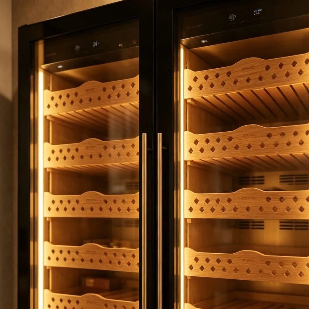 Dual-Zone Stainless Steel Cigar Cabinet — material and hardware detail of shelving