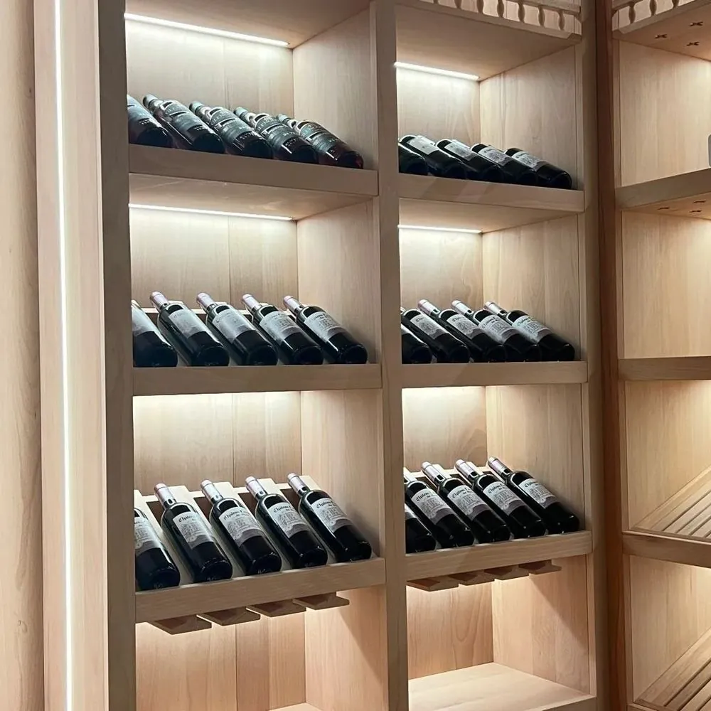 Stainless Steel Cigar Humidor, Dual-Zone Humidity — interior rack and shelf layout with wine bottles