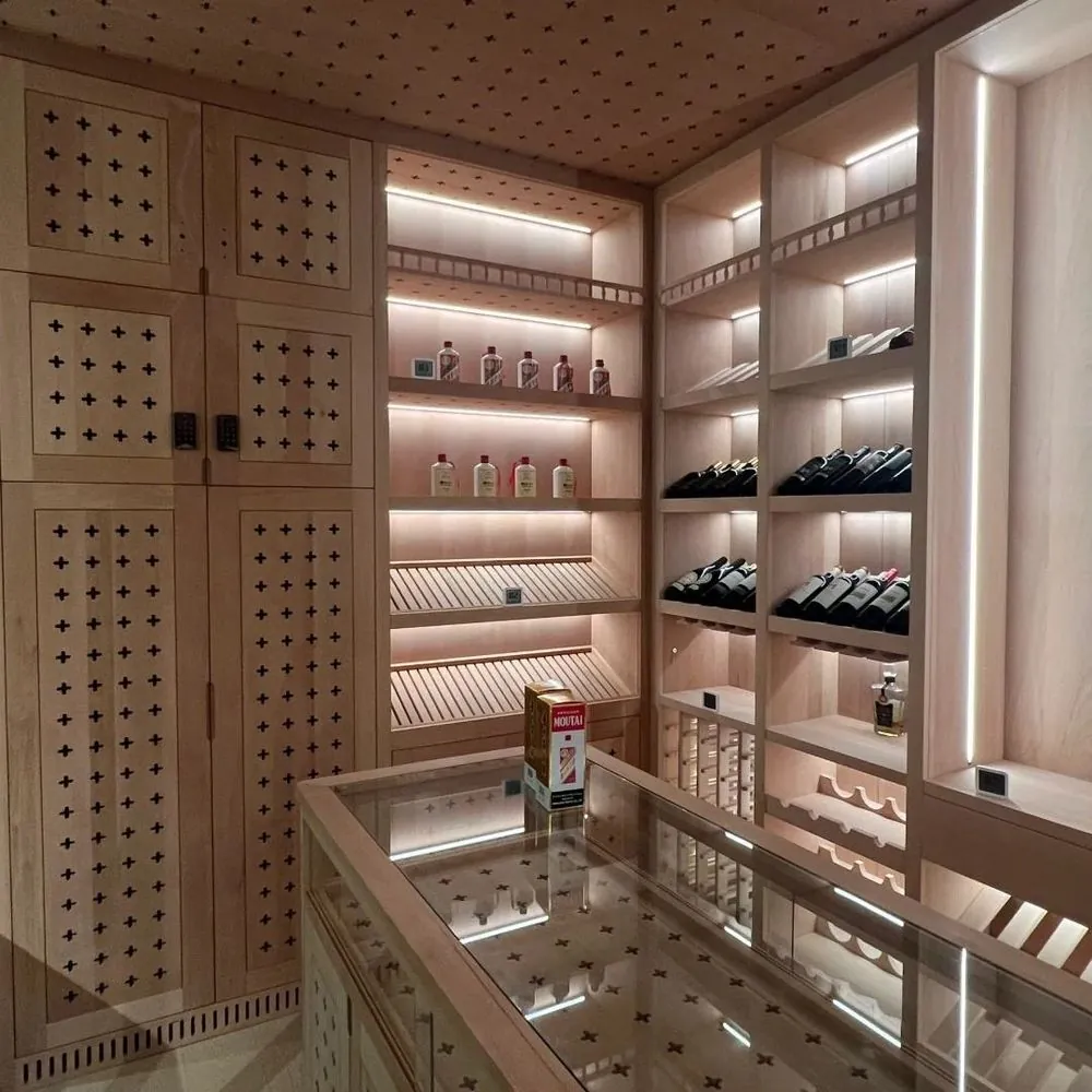 Stainless Steel Cigar Humidor, Dual-Zone Humidity — room setting with shelving