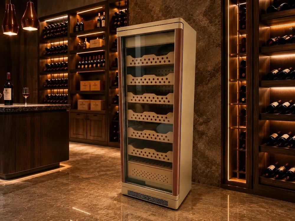 Electric Stainless Steel Cigar Humidor Cabinet — in-situ view with bar counter