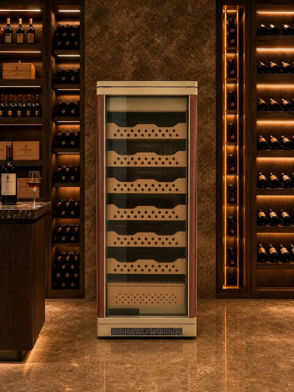 Electric Stainless Steel Cigar Humidor Cabinet — installed view with glass doors