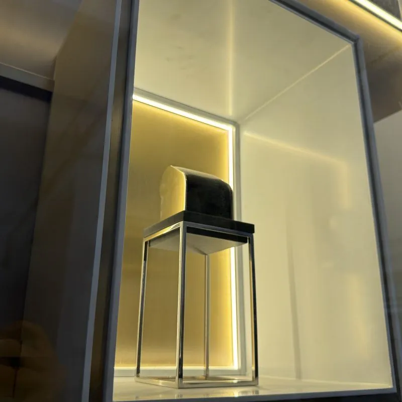 Italian Glass Display Cabinet, Beech & Steel — material and hardware detail of LED lighting