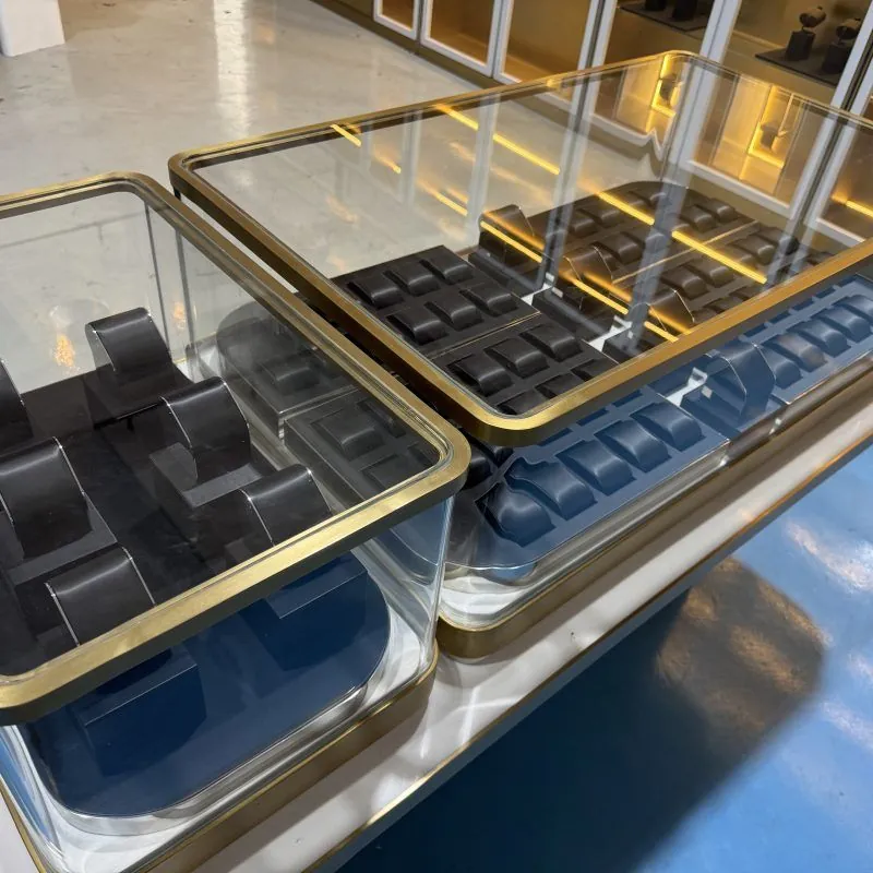 Italian Glass Display Cabinet, Beech & Steel — construction detail of watches