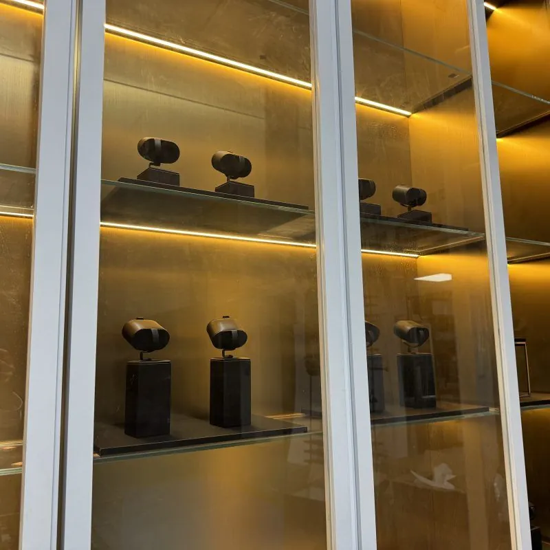 Italian Glass Display Cabinet, Beech & Steel — interior layout with shelving