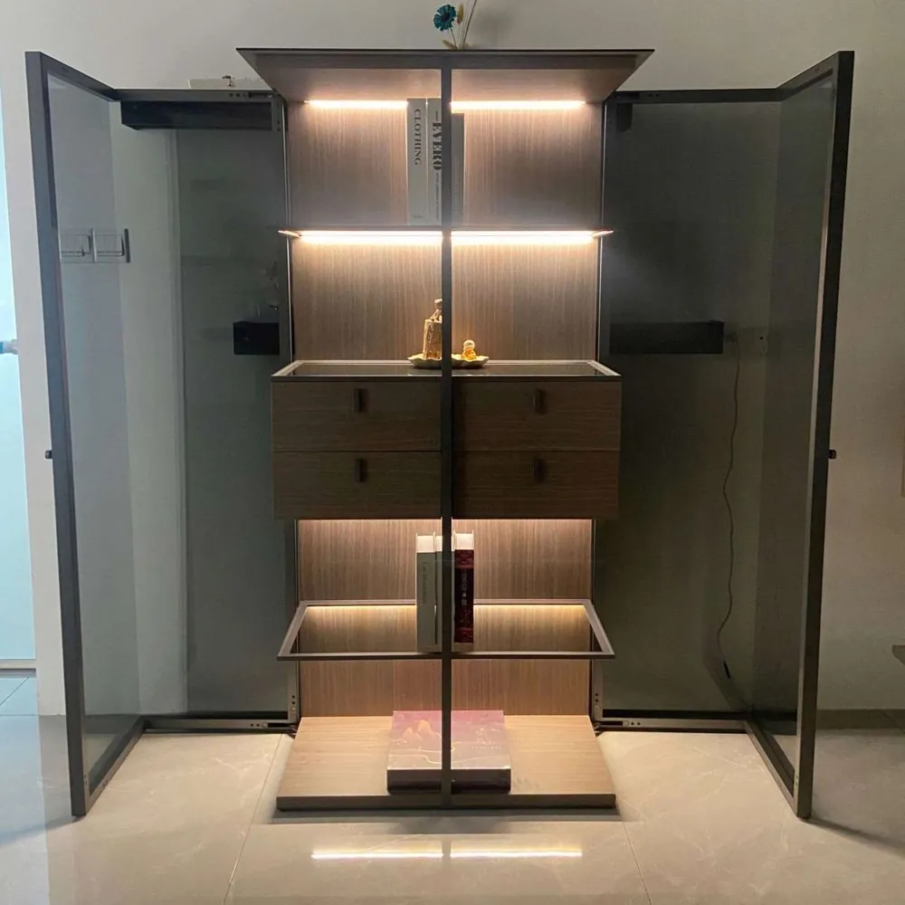 Aluminum Glass Display Case with Drawers — interior shelving and storage with shelves