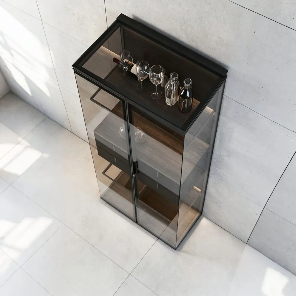Aluminum Glass Display Case with Drawers — additional angle, wine glasses