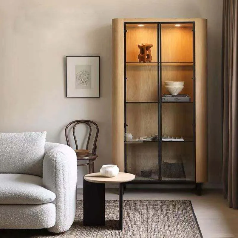Oak Farmhouse Wine Storage Display Cabinet — installed view in living room