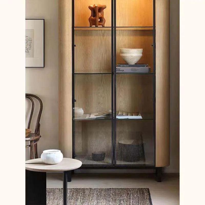 Oak Farmhouse Wine Storage Display Cabinet — room setting