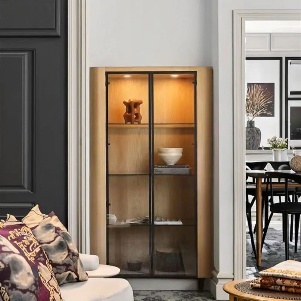 Oak Farmhouse Wine Storage Display Cabinet — installed view in living room (view 5)