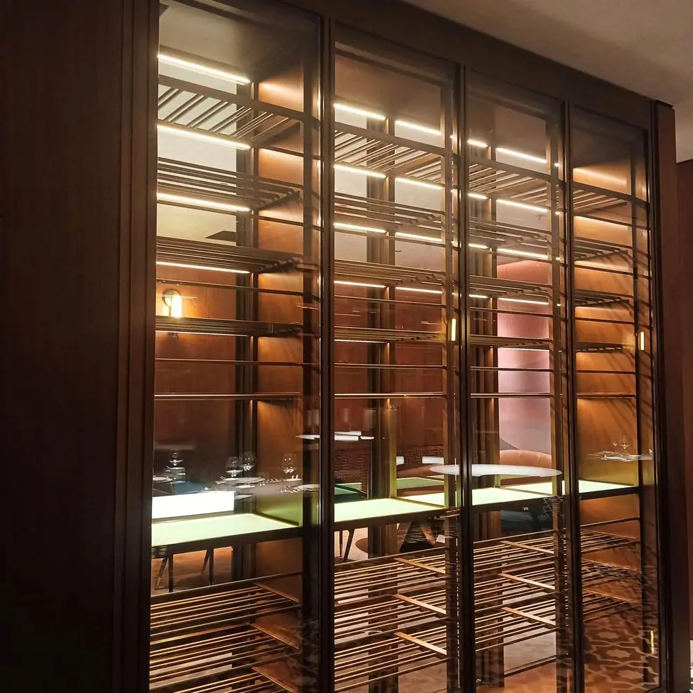 Built-In Corner Stainless Wine Display Cabinet — material and hardware detail of shelving