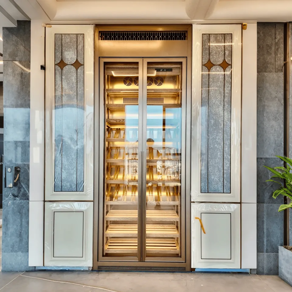 Dual-Zone Stainless Wine Cabinet, USB Control — room setting with marble surround