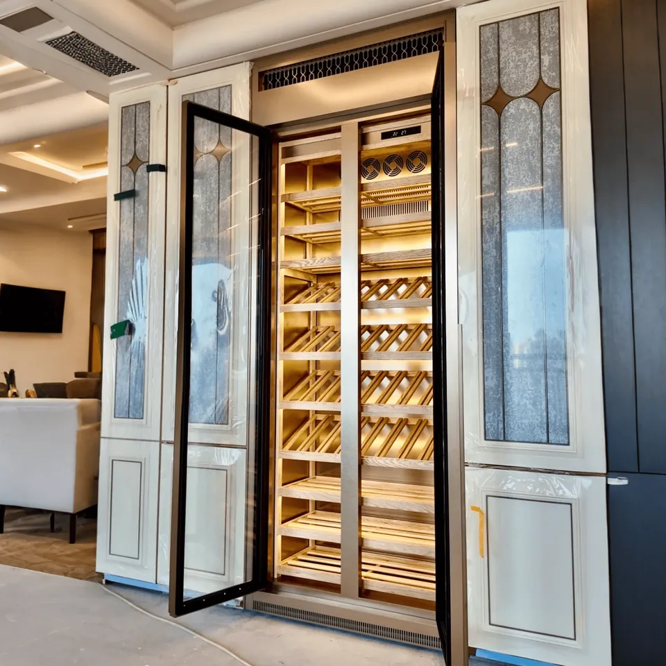 Dual-Zone Stainless Wine Cabinet, USB Control — installed view in living room