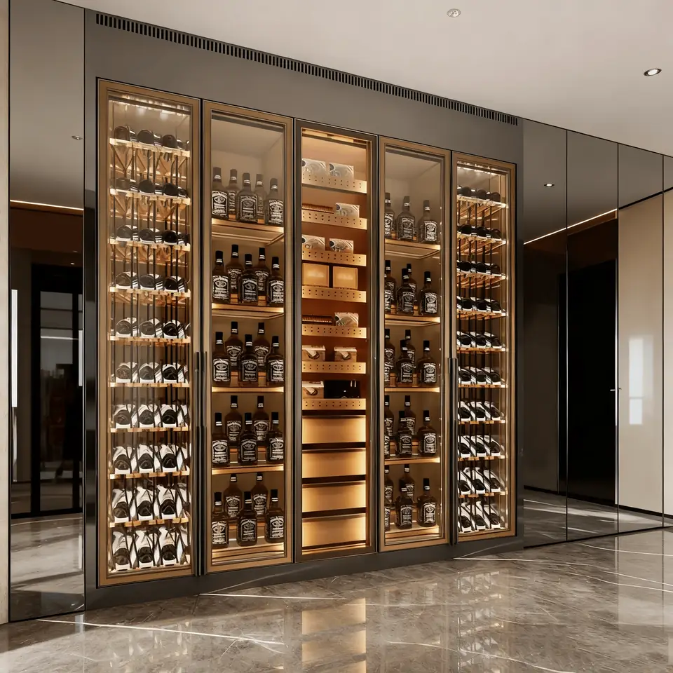Gold-Trimmed 1000L Dual-Zone Wine Cabinet — in-situ view with marble surround