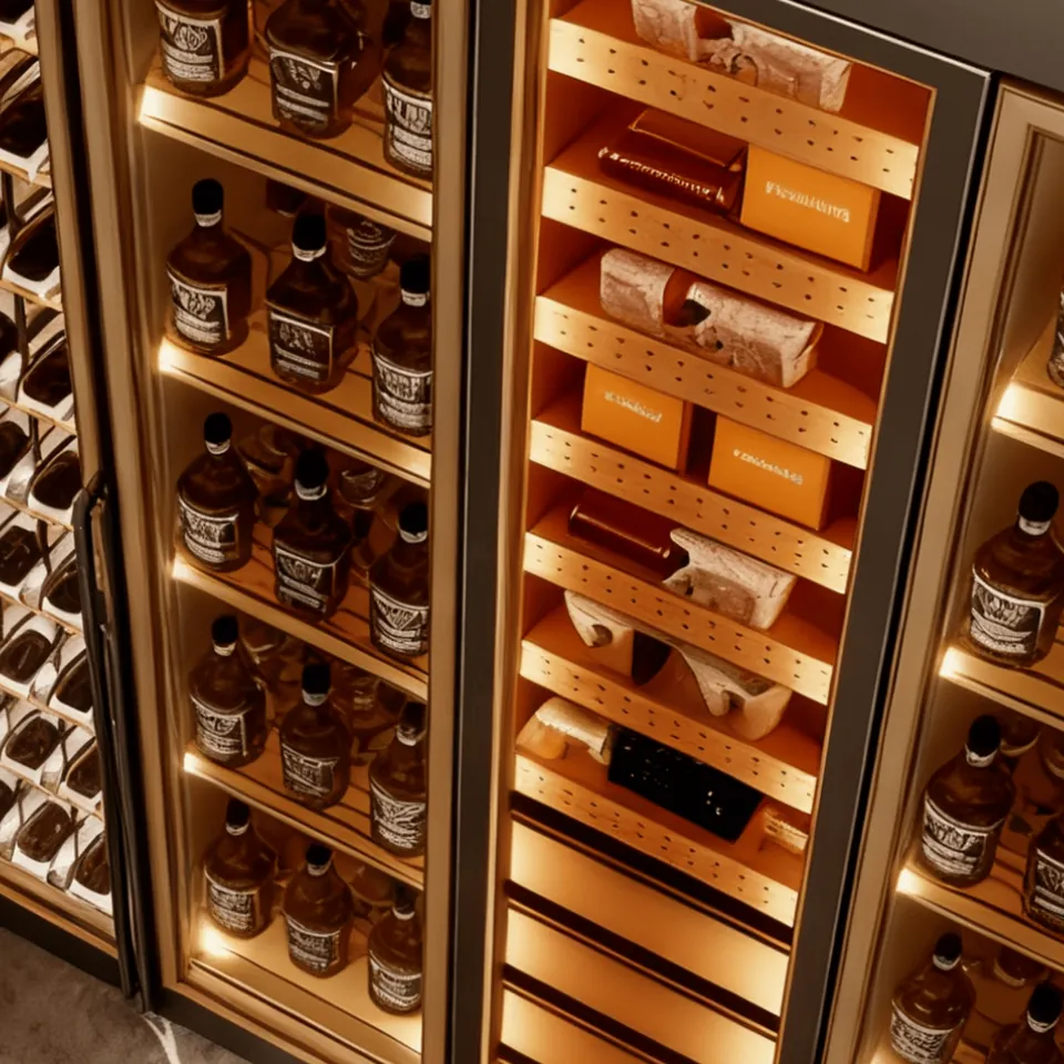 Gold-Trimmed 1000L Dual-Zone Wine Cabinet — construction detail of wine bottles