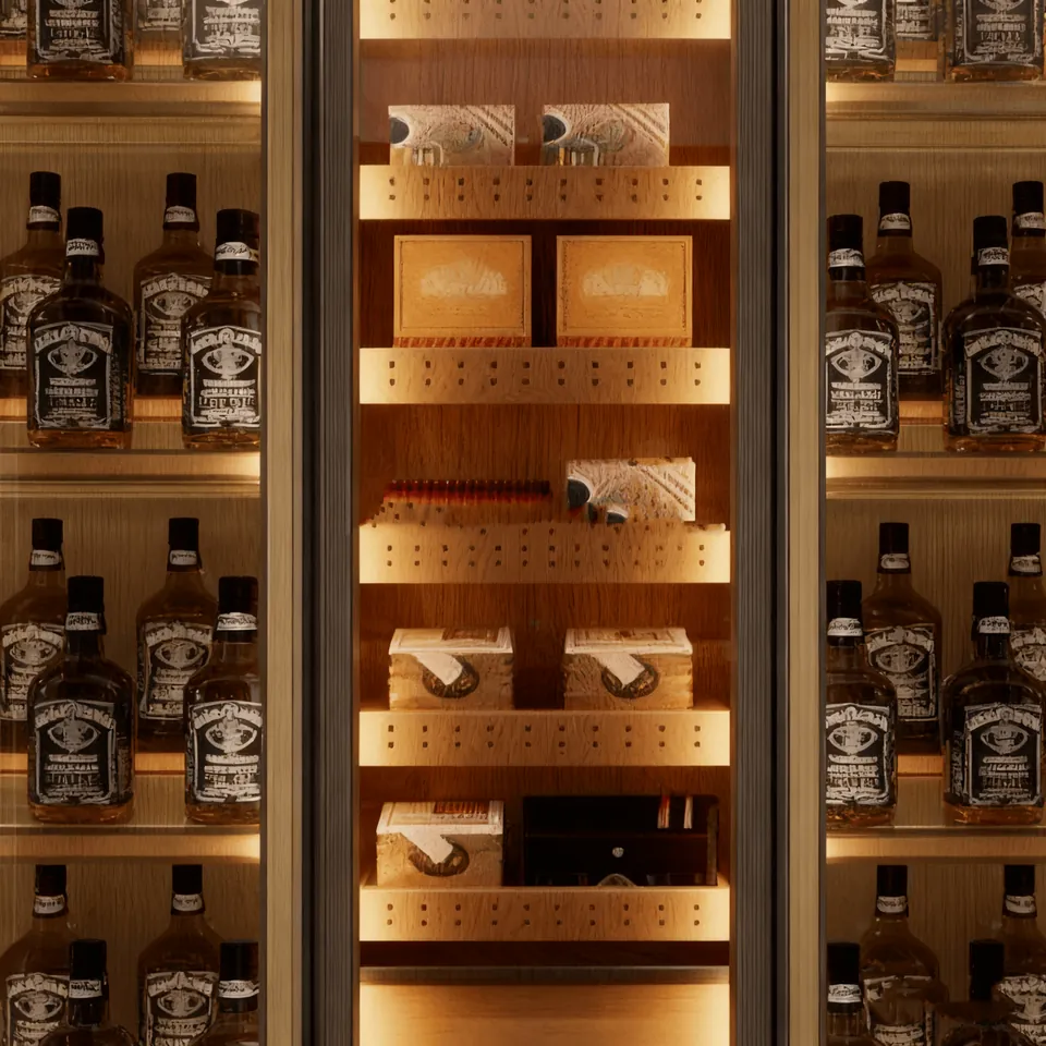 Gold-Trimmed 1000L Dual-Zone Wine Cabinet — close-up detail of shelves