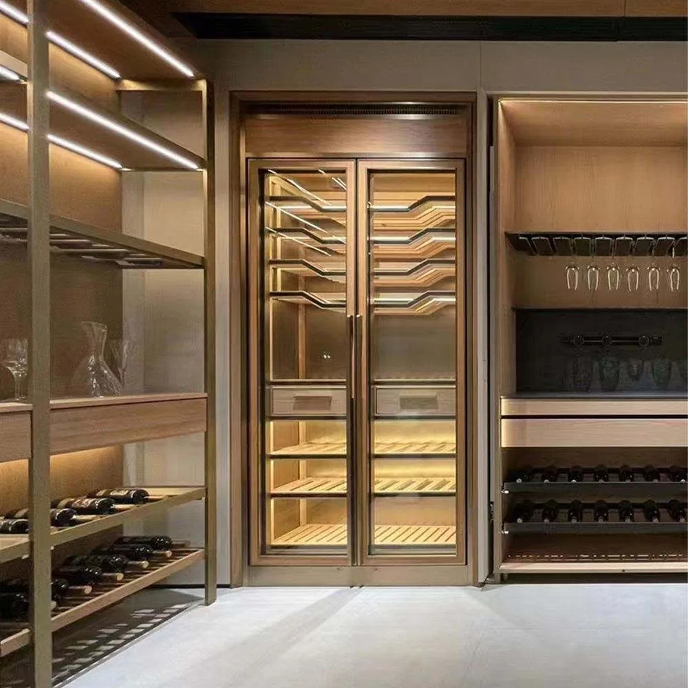 Stainless Steel Wine Display Cabinet, Glass Door — installed view with shelving