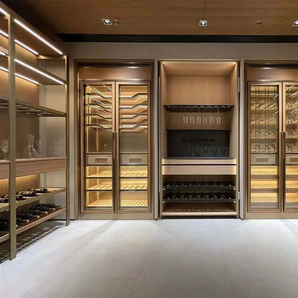 Stainless Steel Wine Display Cabinet, Glass Door — in-situ view with shelving