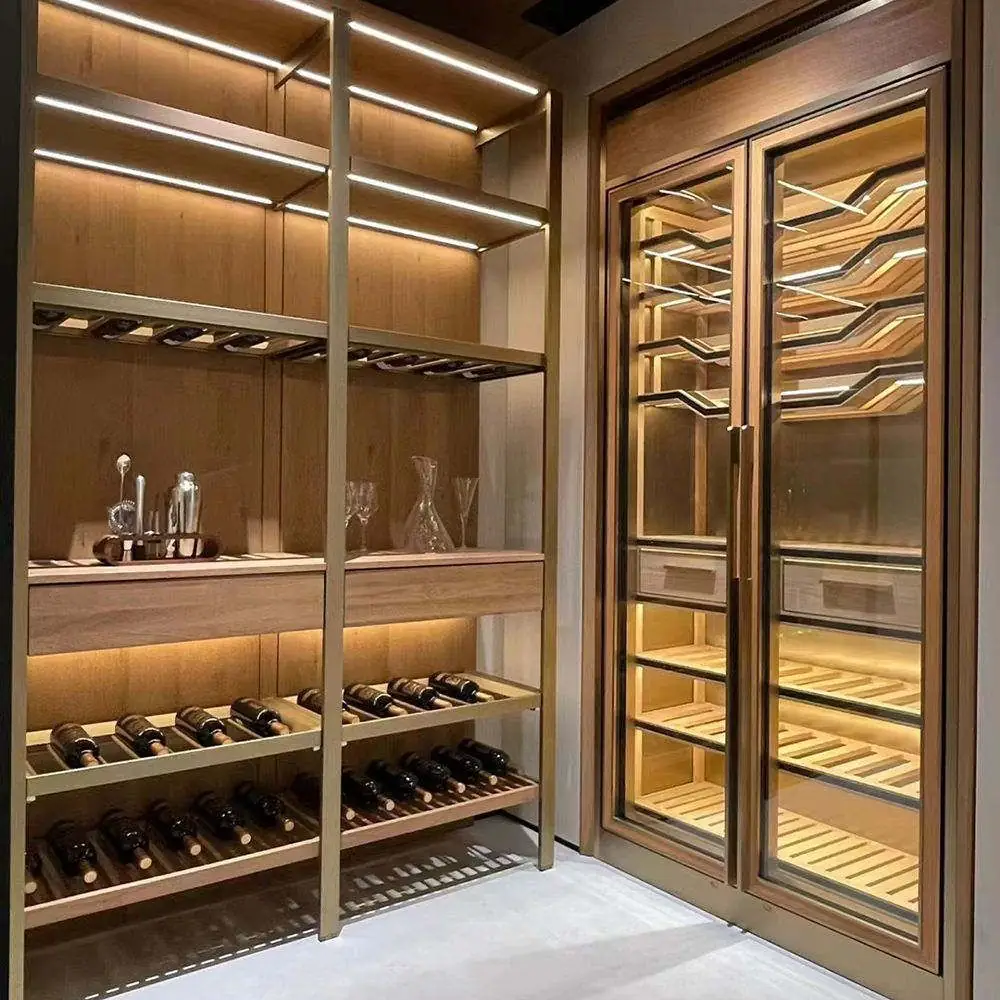 Stainless Steel Wine Display Cabinet, Glass Door — room setting with shelving
