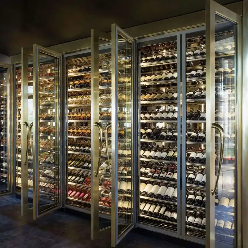 Stainless Steel Bar & Wine Display Cabinet — interior shelving and storage with wine bottles