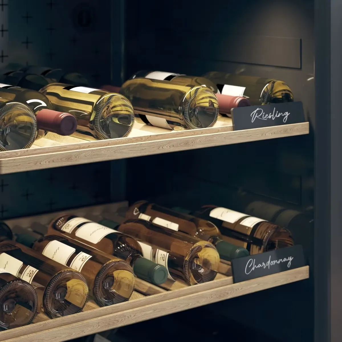 Single-Zone Stainless Wine Cabinet — construction detail of wine bottles