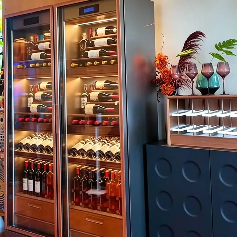 Dual-Zone Stainless Steel Wine Cabinet — front view, glass doors
