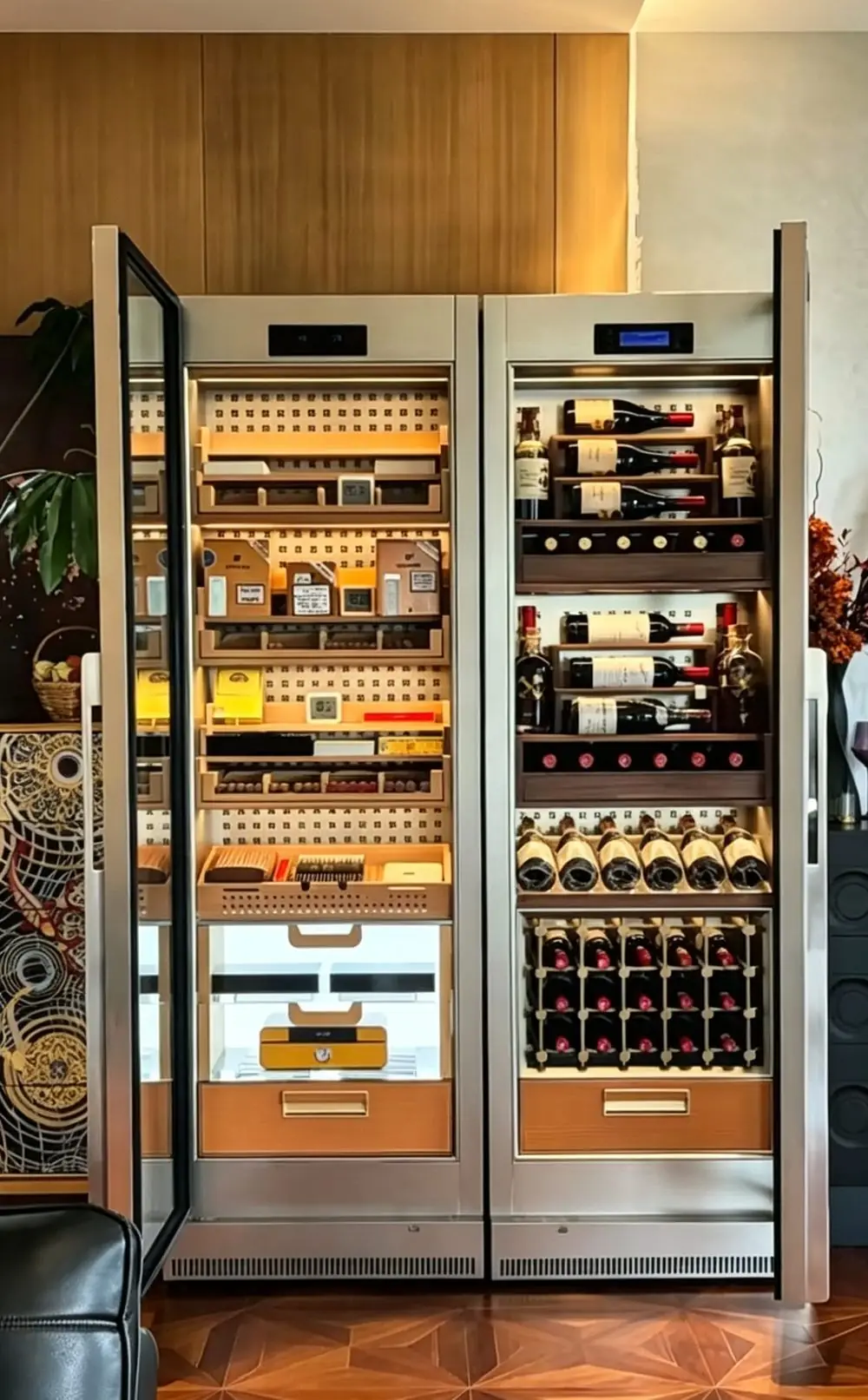 Dual-Zone Stainless Steel Wine Cabinet — interior layout with wine bottles
