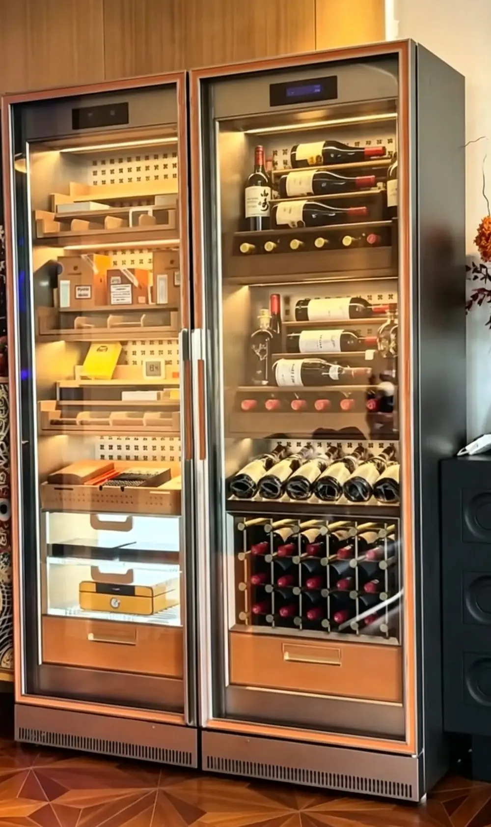 Dual-Zone Stainless Steel Wine Cabinet — straight-on view, glass doors