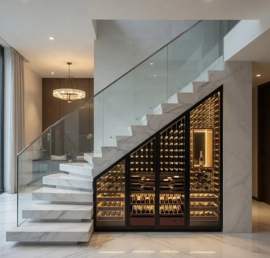 100L Dual-Zone Temperature-Controlled Cabinet — installed view with marble surround
