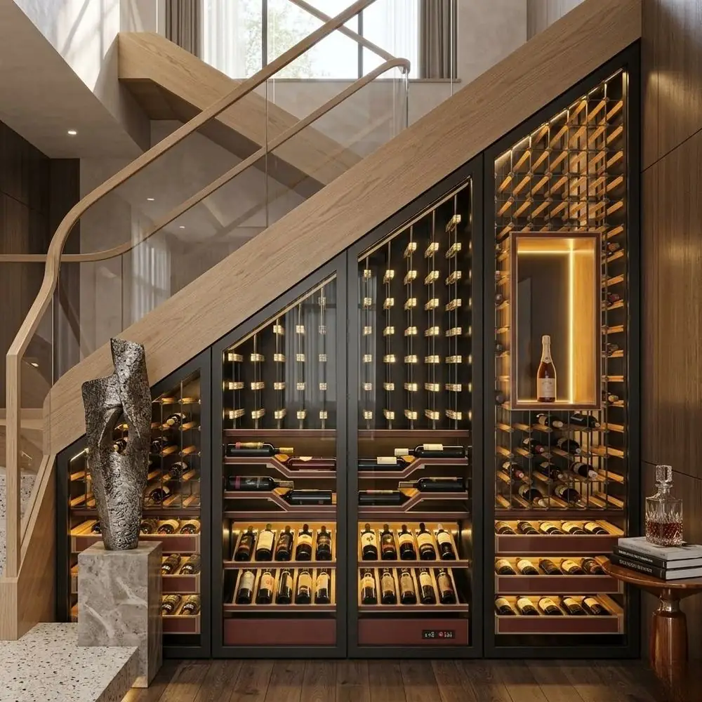 100L Dual-Zone Temperature-Controlled Cabinet — in-situ view with under-stair placement