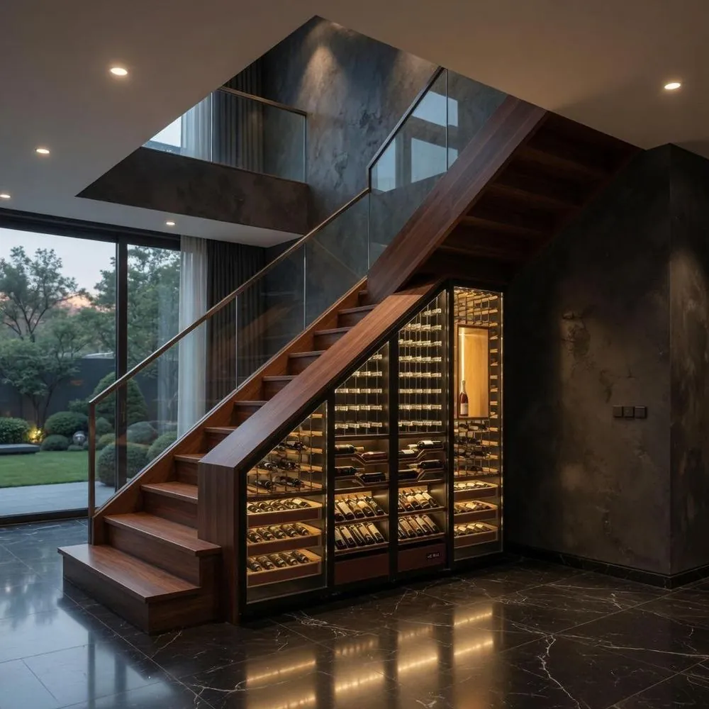 100L Dual-Zone Temperature-Controlled Cabinet — room setting with under-stair placement