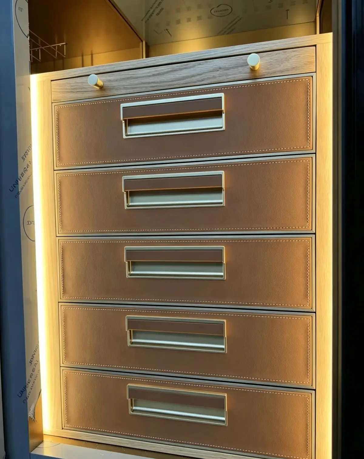 Illuminated Custom Wine Display Cabinet — construction detail of drawers