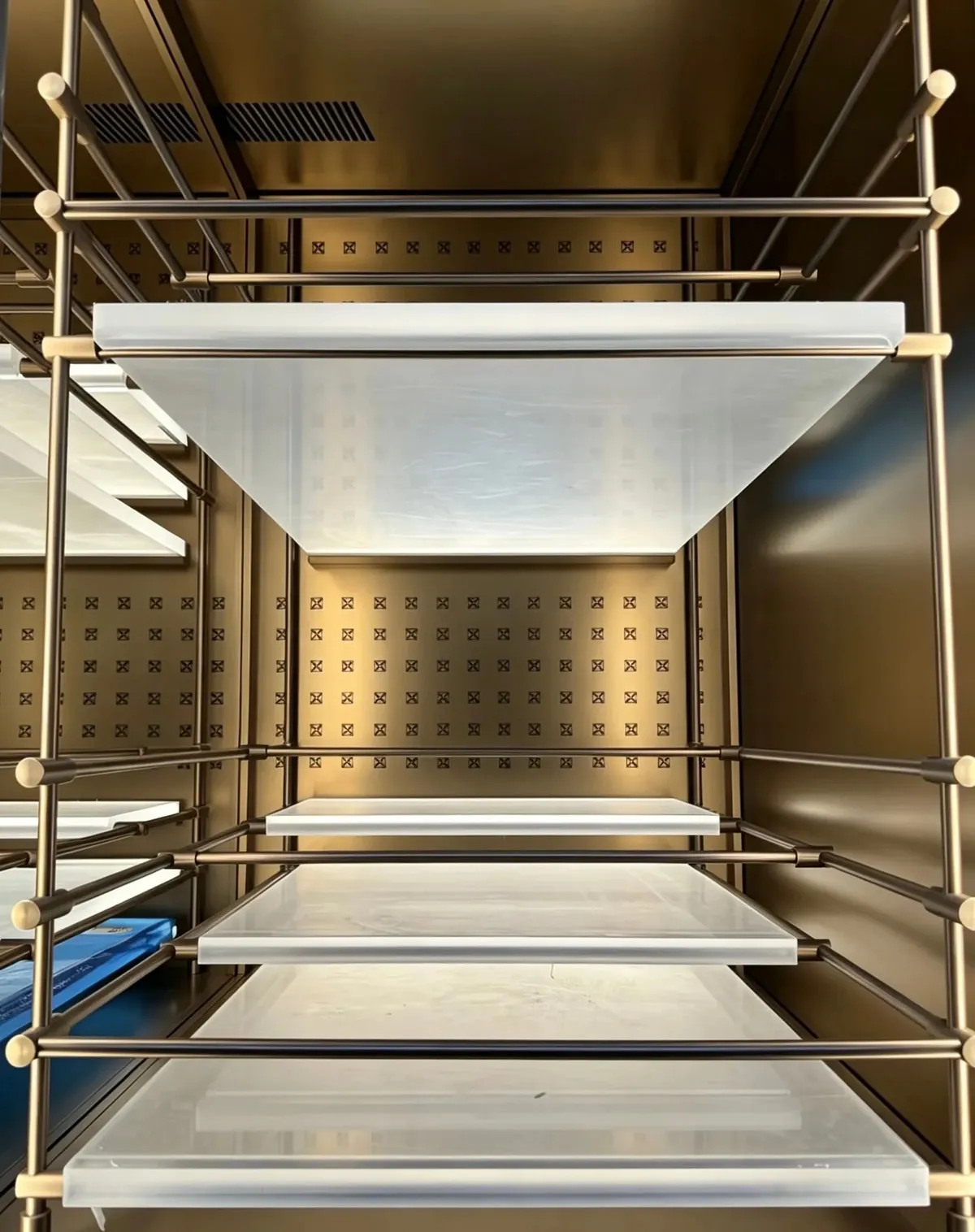 Illuminated Custom Wine Display Cabinet — close-up detail of shelves