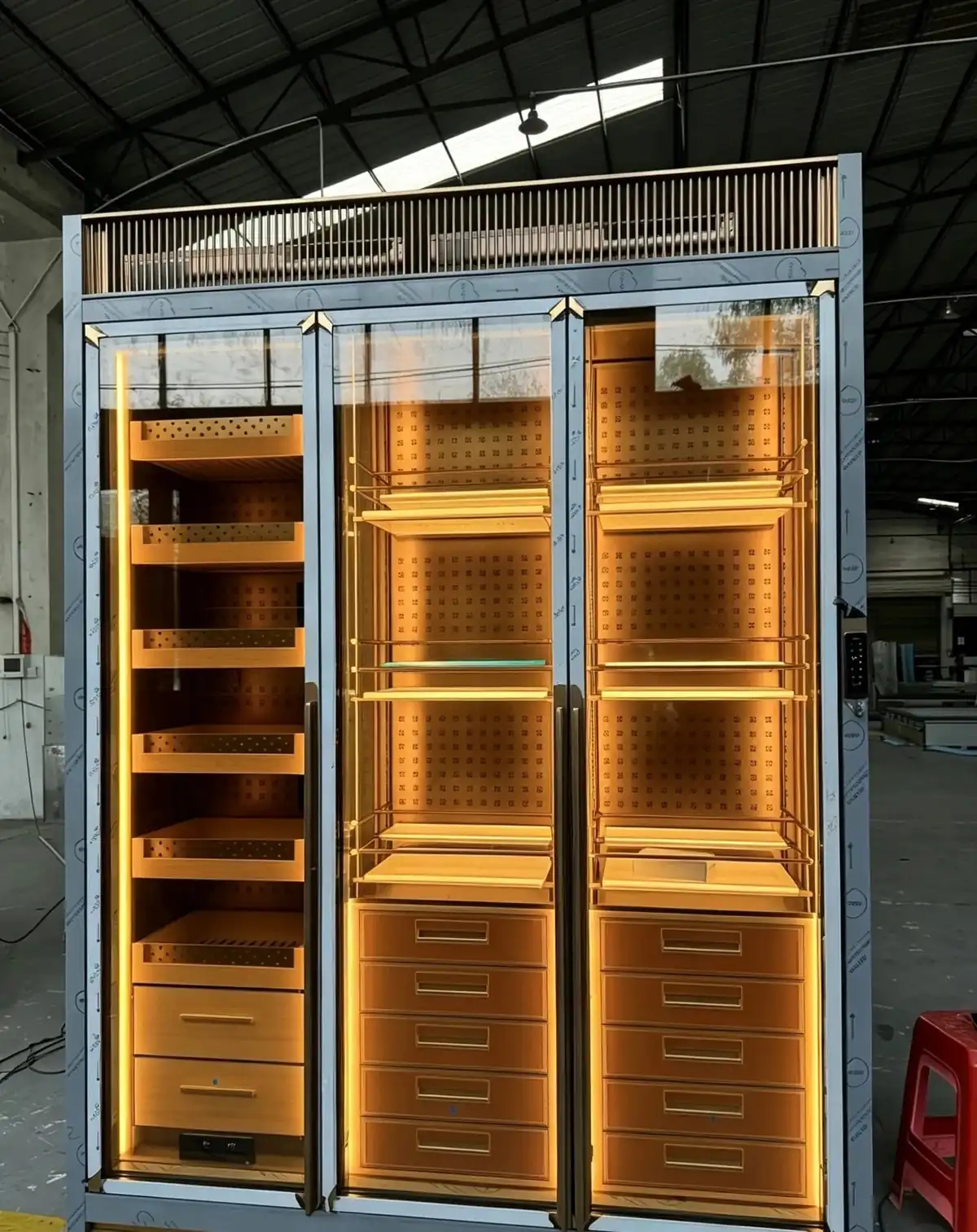 Illuminated Custom Wine Display Cabinet — alternate angle, glass doors