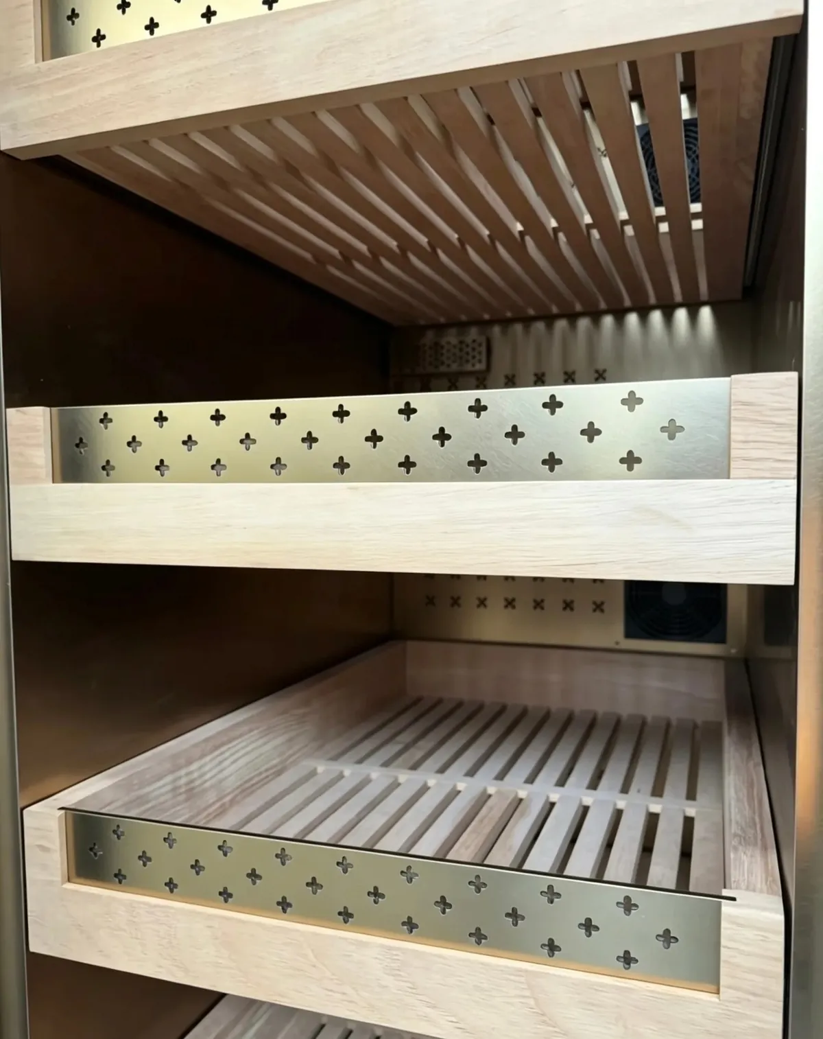 Illuminated Custom Wine Display Cabinet — material and hardware detail of shelving