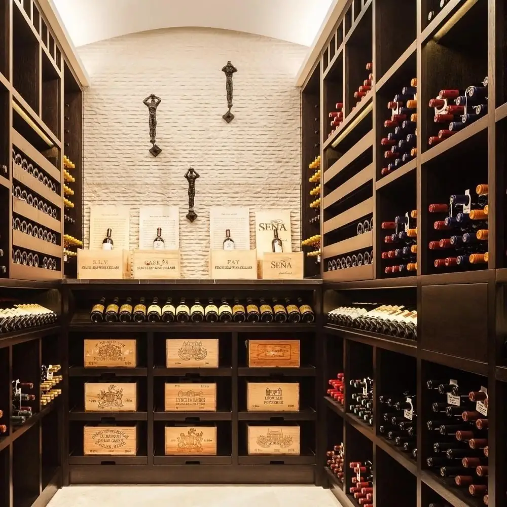 Stainless steel wine cellar — interior shelving and storage layout