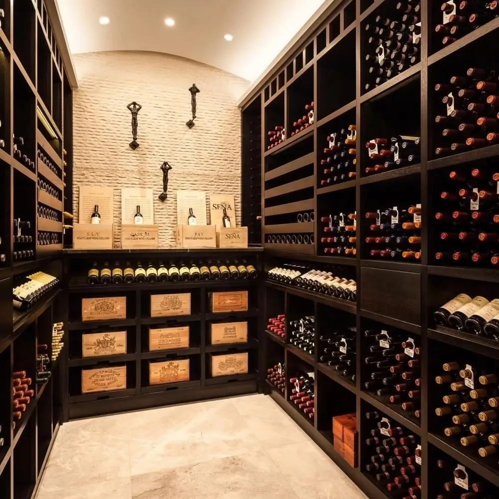 Stainless steel wine cellar — interior shelving and storage layout