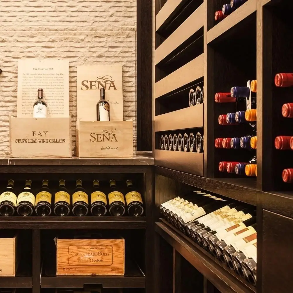 Compact VIP Solid Wood Wine Cellar Display — interior rack and shelf layout with wooden crates