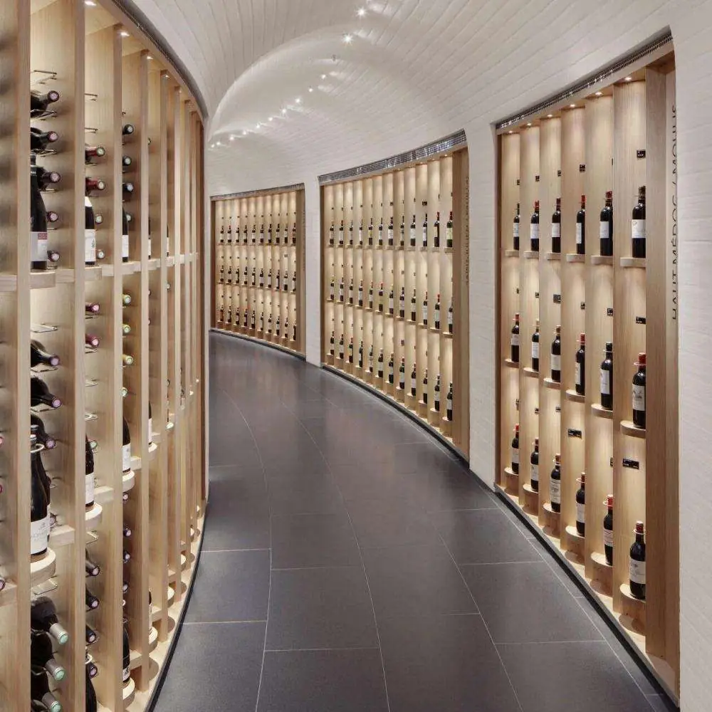 200-Bottle Stainless Steel Wine Cellar — installed view with vaulted ceiling