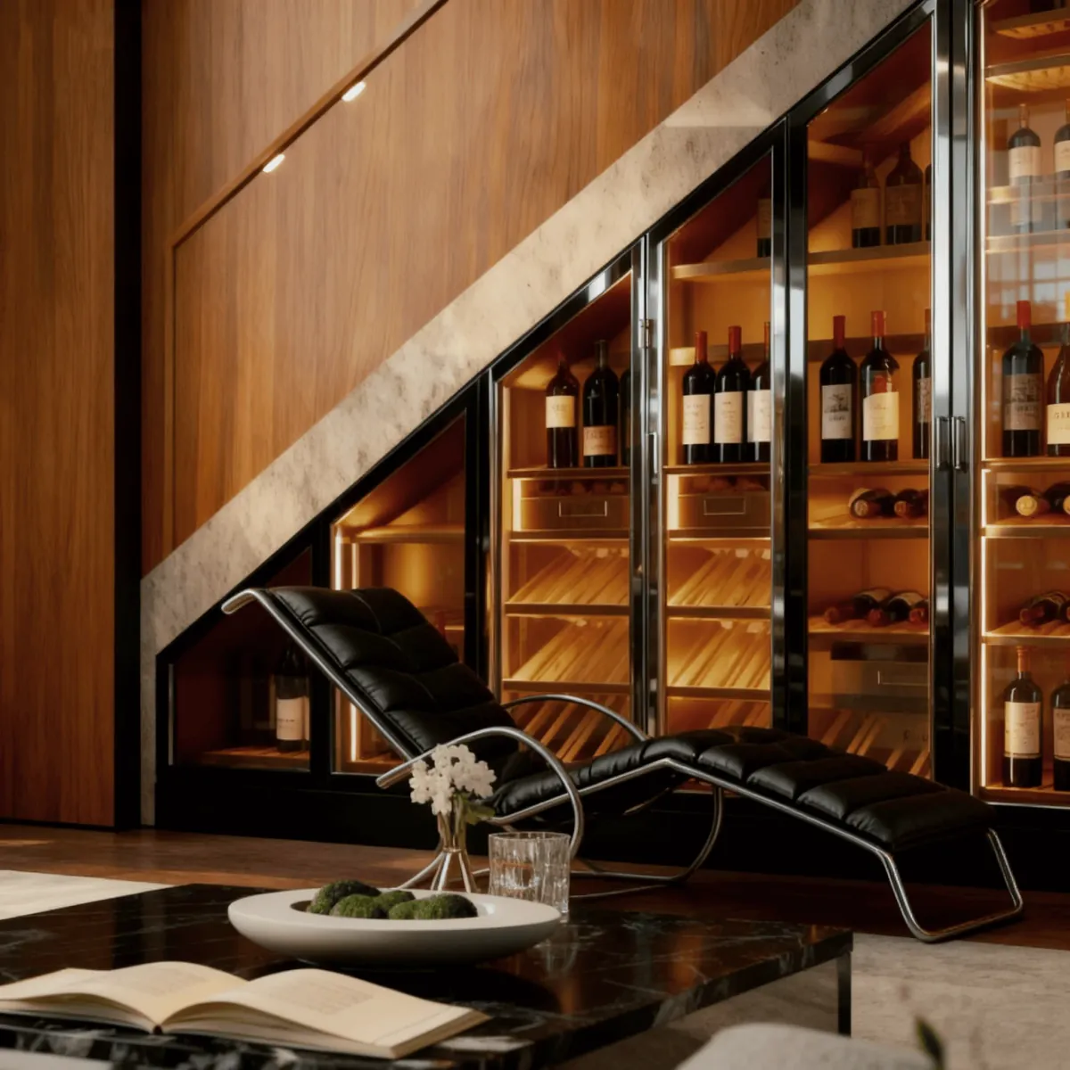 Curved Custom Stainless Steel Wine Cellar — room setting with under-stair placement