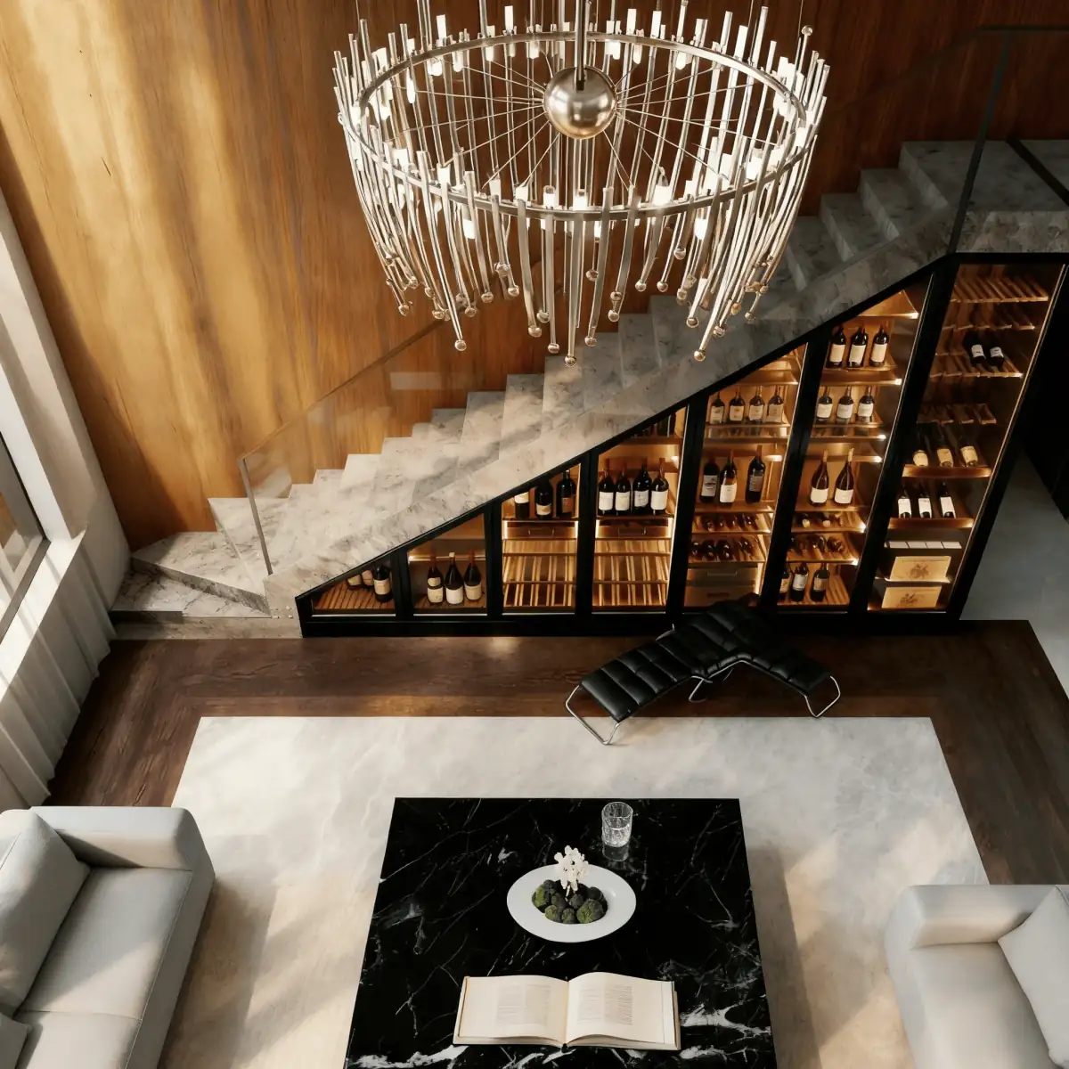 Curved Custom Stainless Steel Wine Cellar — installed view with under-stair placement